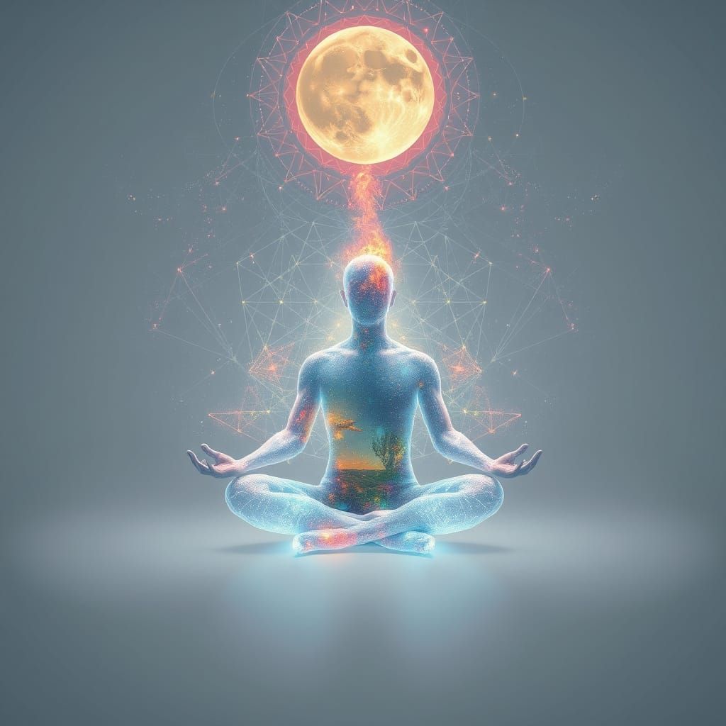 Meditating Man Touching Cosmos in Vibrant Psychedelic Style