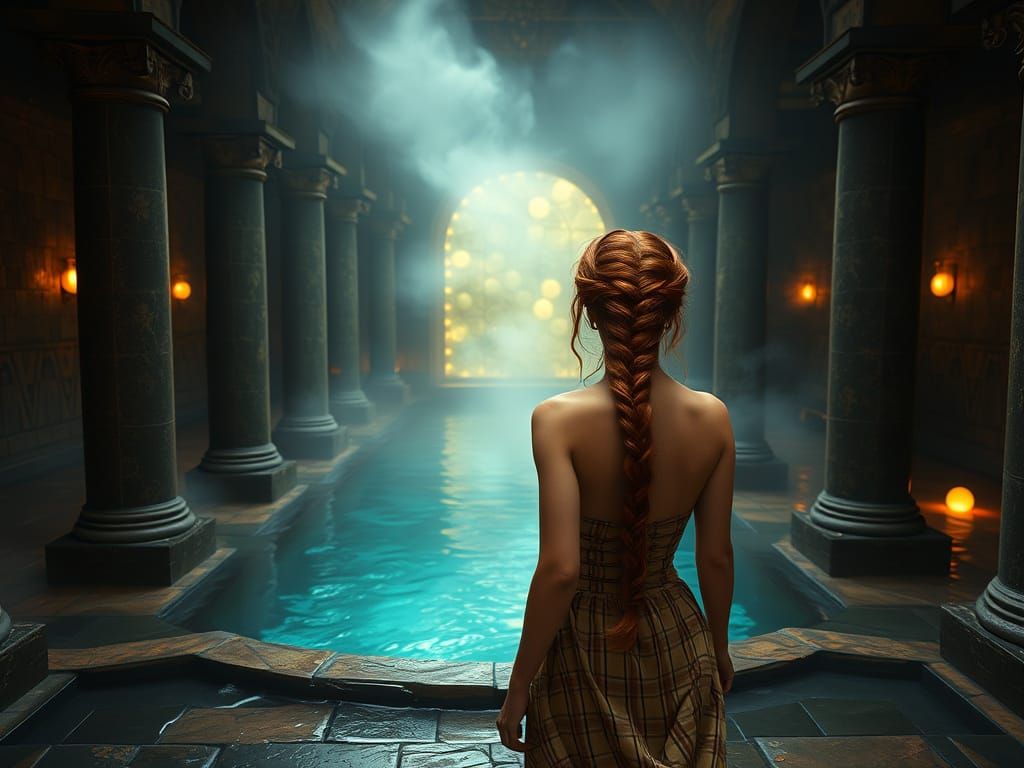 Medieval Maiden Approaches Mystical Spa Pool