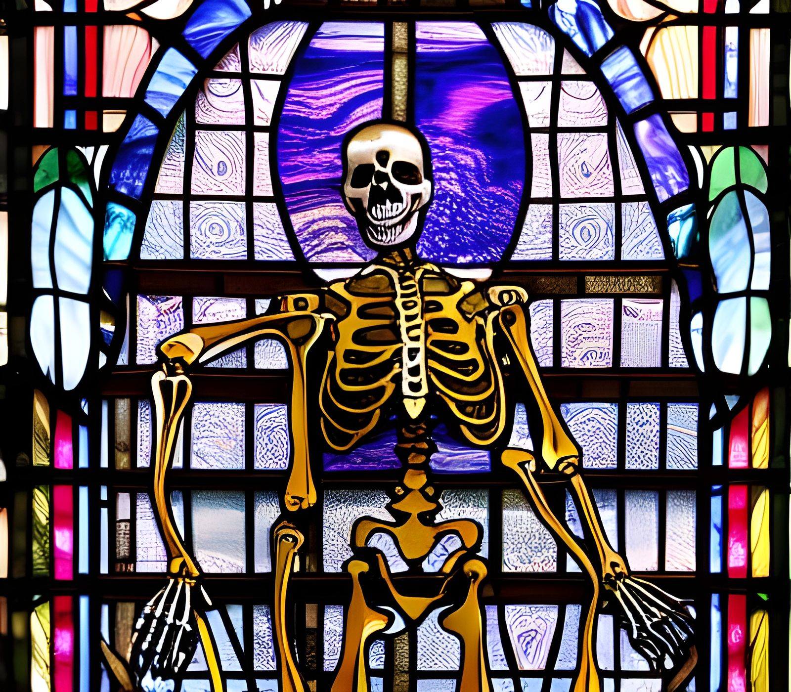 Stained Glass Skeleton King in Tiffany Style