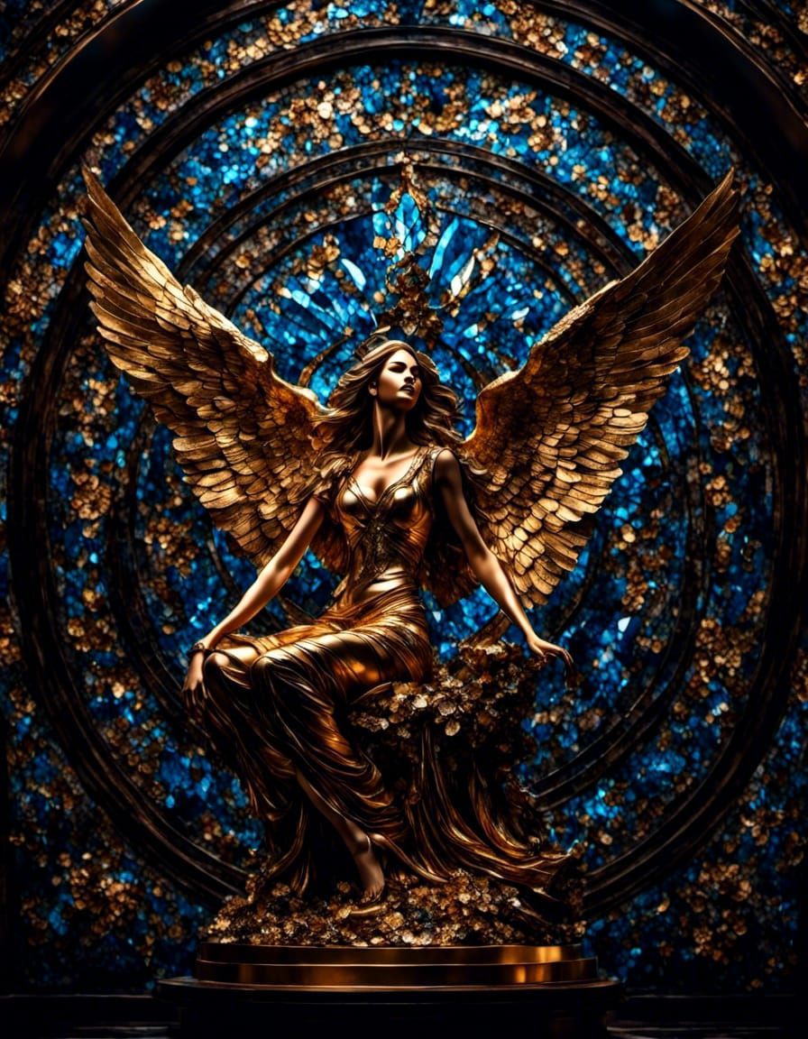 Golden Fallen Angel Statue with Stained Glass