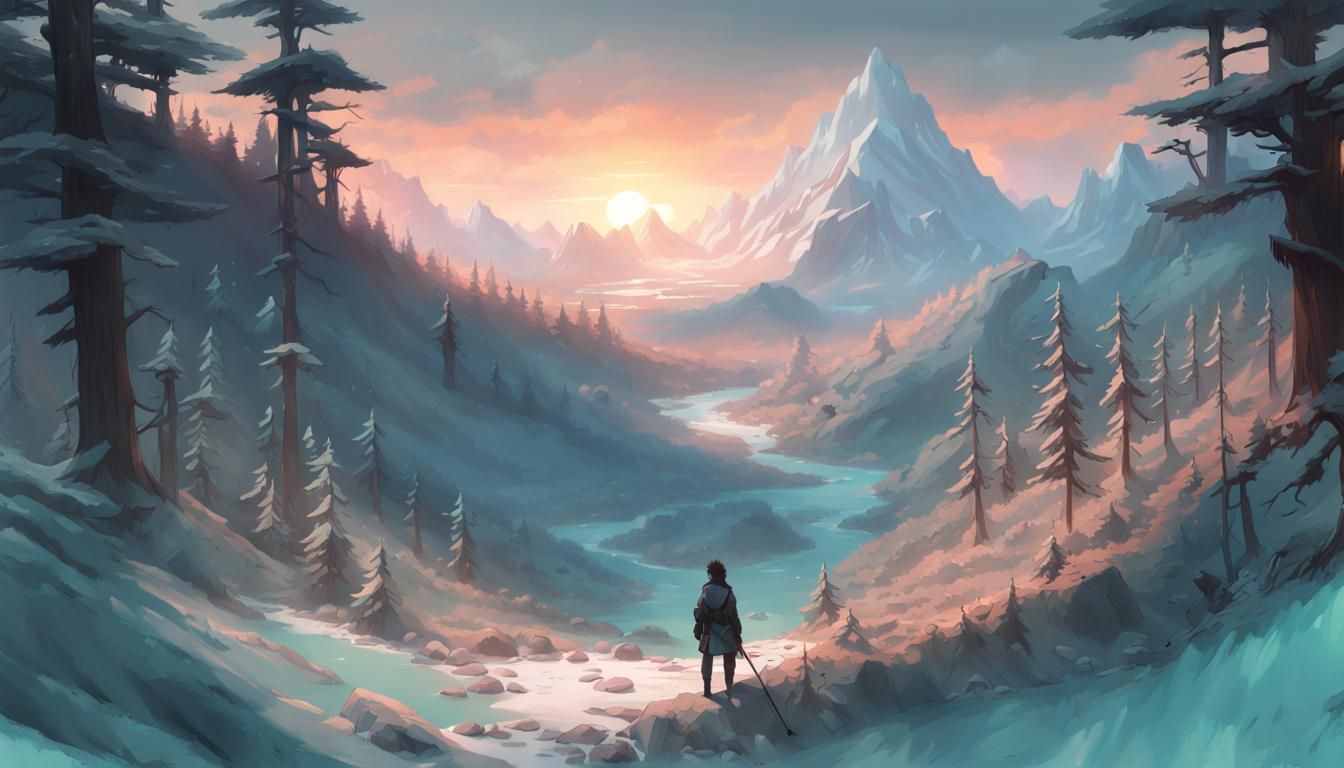 Anime hiker traveling through the Frozen forest