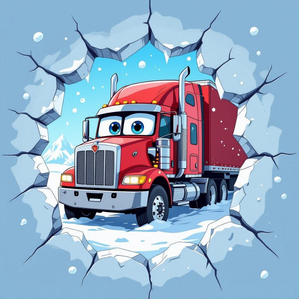 Cheerful Red Semi-Truck Peeks Through Snowy Wall in Cartoon ...