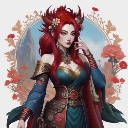 Glittering Girl with Red and Blue Hair, Fantasy Art