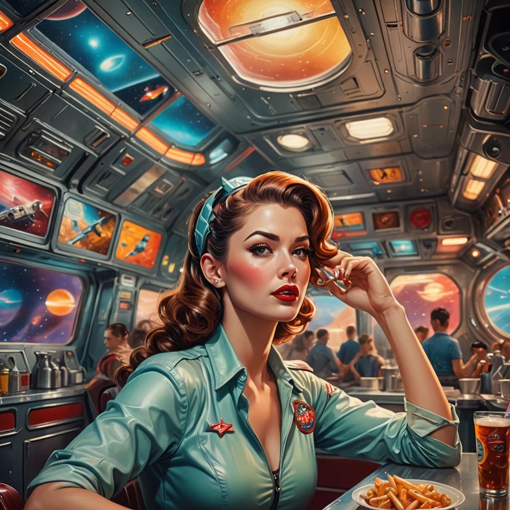 Retro Pin-Up Girl in Hyperrealistic Spaceship Canteen