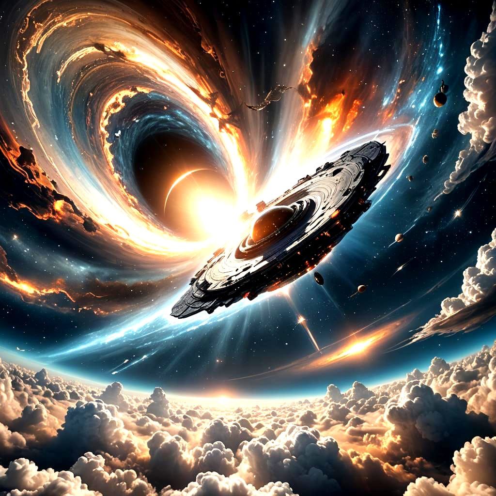 Giant Spaceship Enters Black Hole with Divine Light