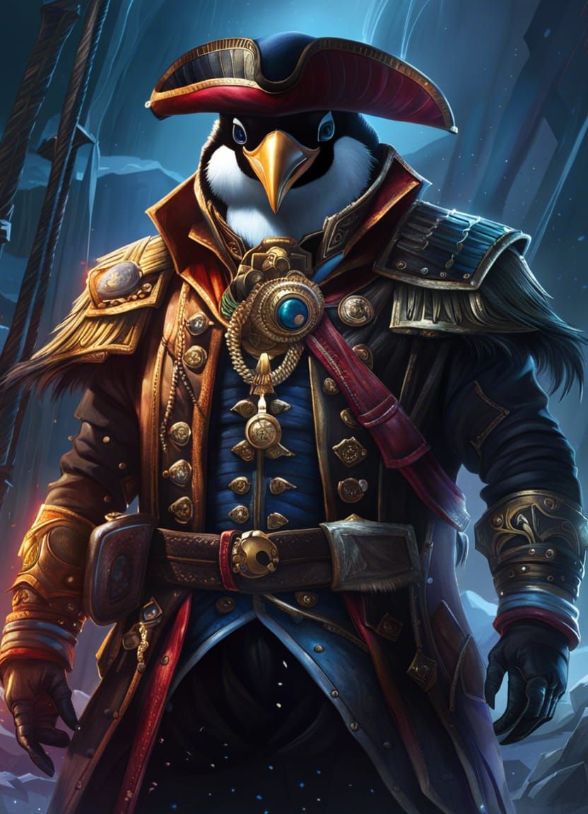 Penguin Pirate Captain Portrait in Fantasy Art Style