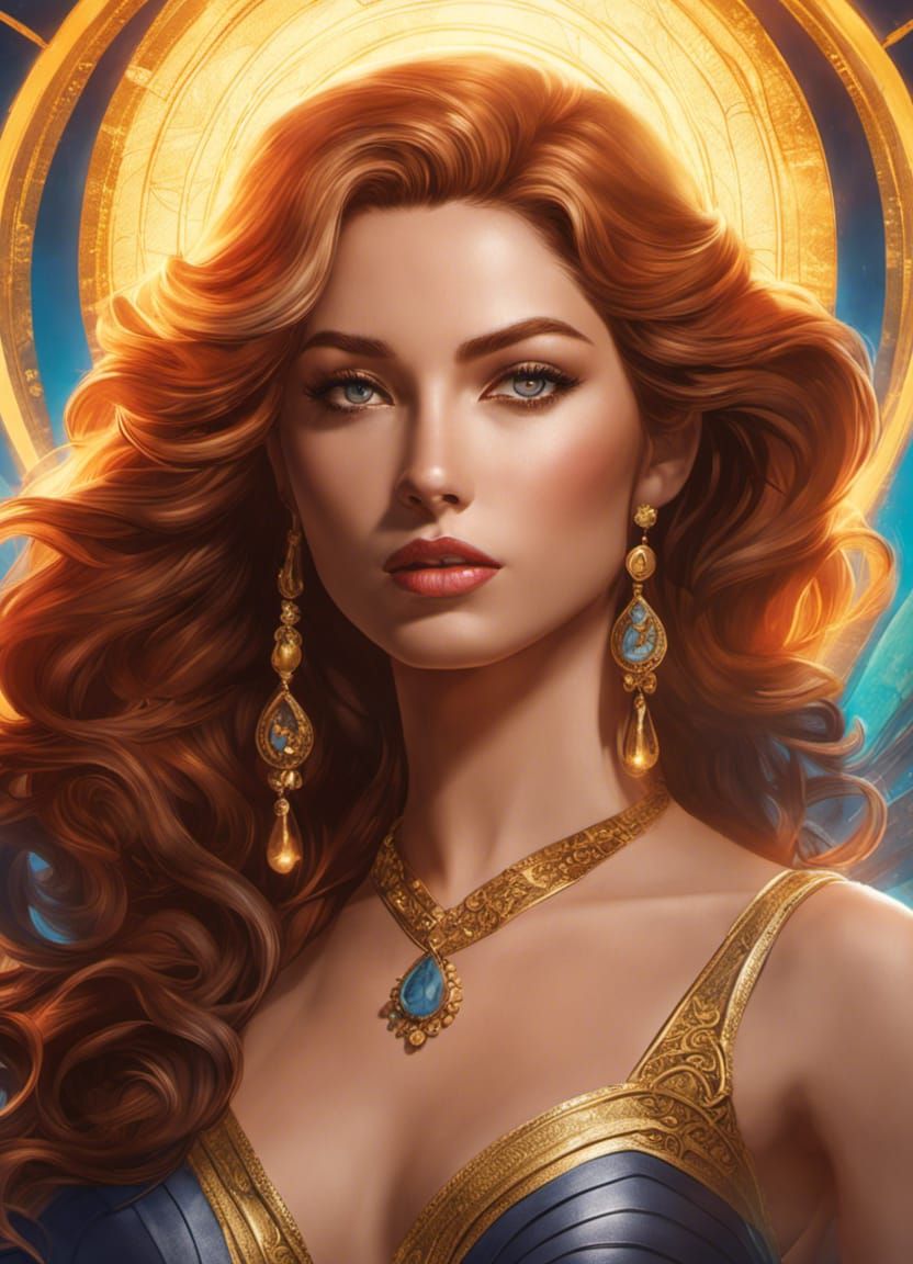 Ocean Sunset Goddess Portrait in Art Nouveau Style