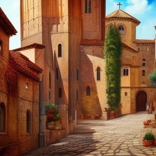 Spanish Medieval City Street: Detailed Oil Painting