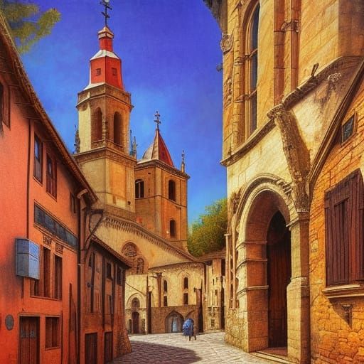 Medieval Spanish City Street Scene in Oil Painting Style