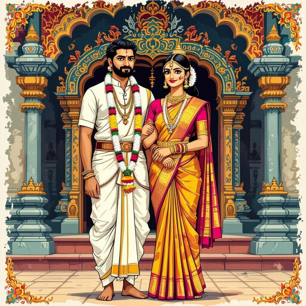 Tamil Brahmin Couple in Front of Temple Illustration