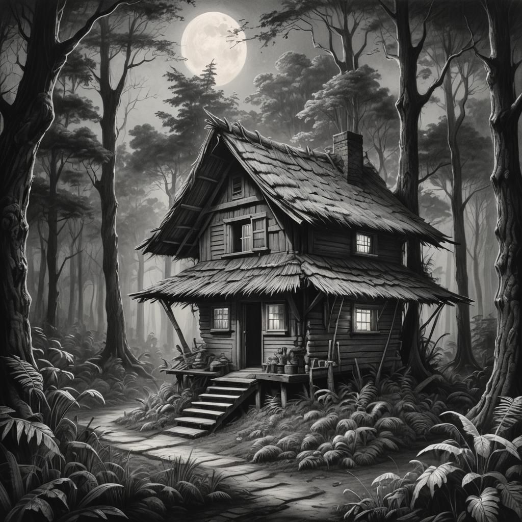 Eerie Hut on Chicken Legs in Charcoal Style