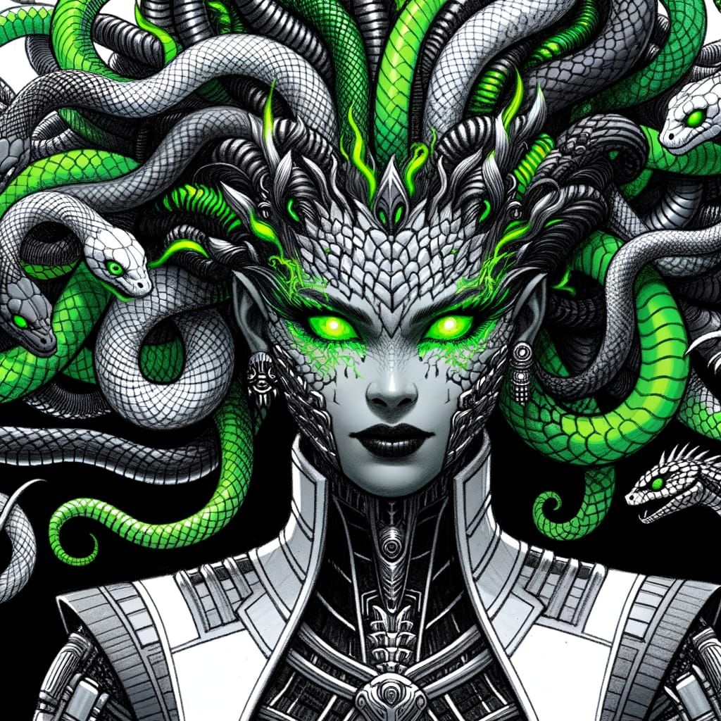 Aromantic Gorgon Character with Cybernetic Details