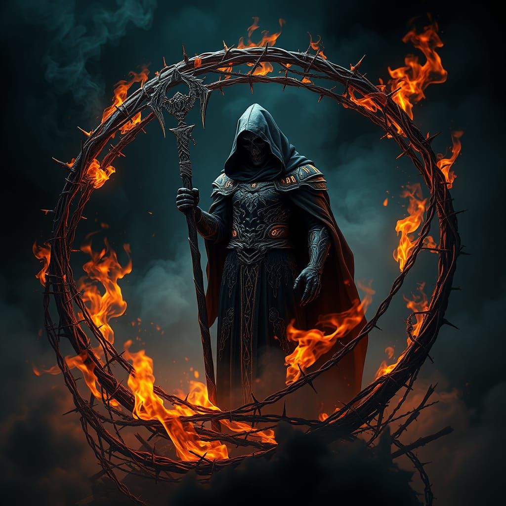 Majestic Reaper Amidst Burning Spiral of Thorns and Barbed W...