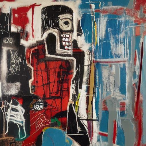 Urban Boy and Dog in Neo-Primitivist Basquiat Style