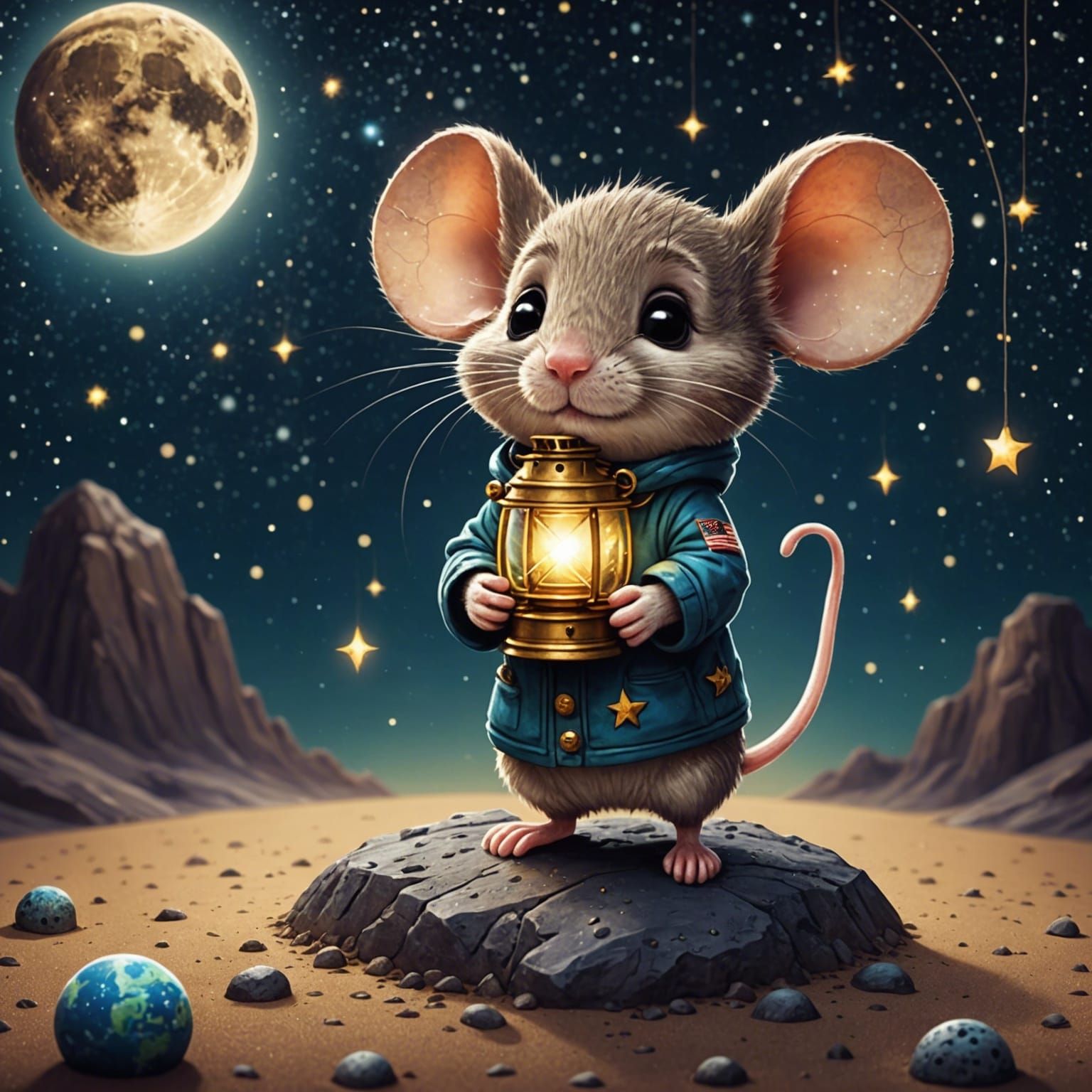 Chibi Mouse on the Moon with Fireflies