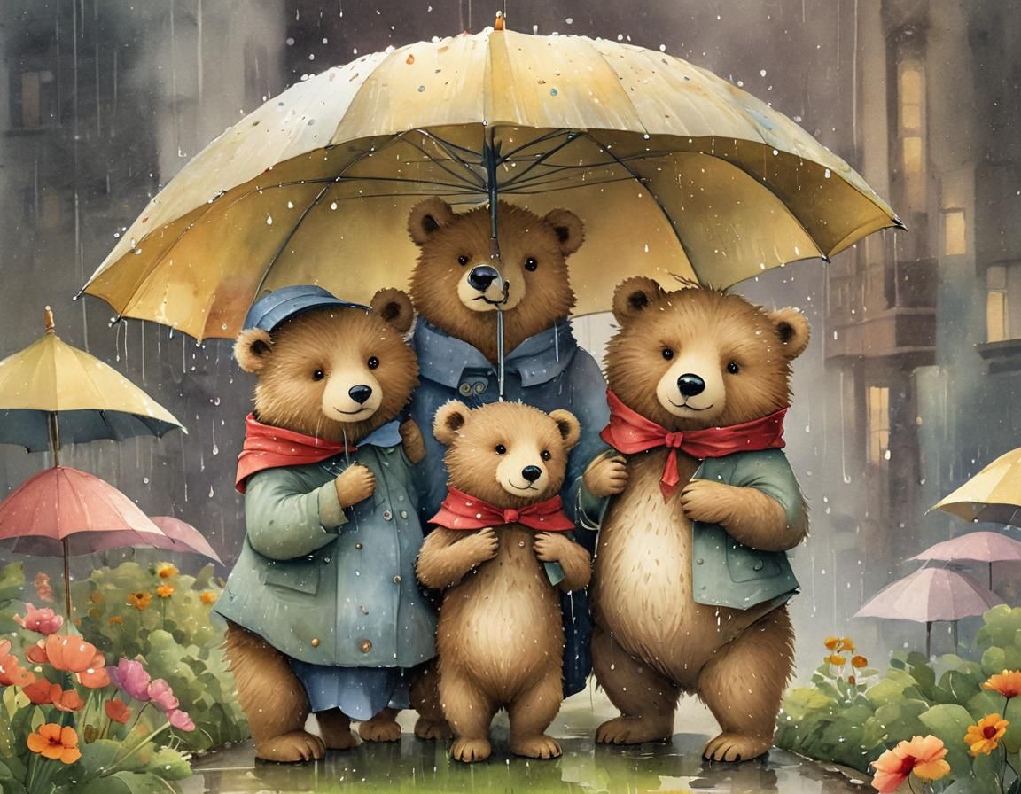 Cute Bear Family in Rainy Watercolor Storybook Scene
