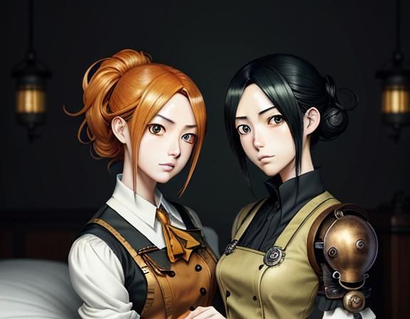 Kemono Twin Sisters Kiss in Steampunk Manga Style
