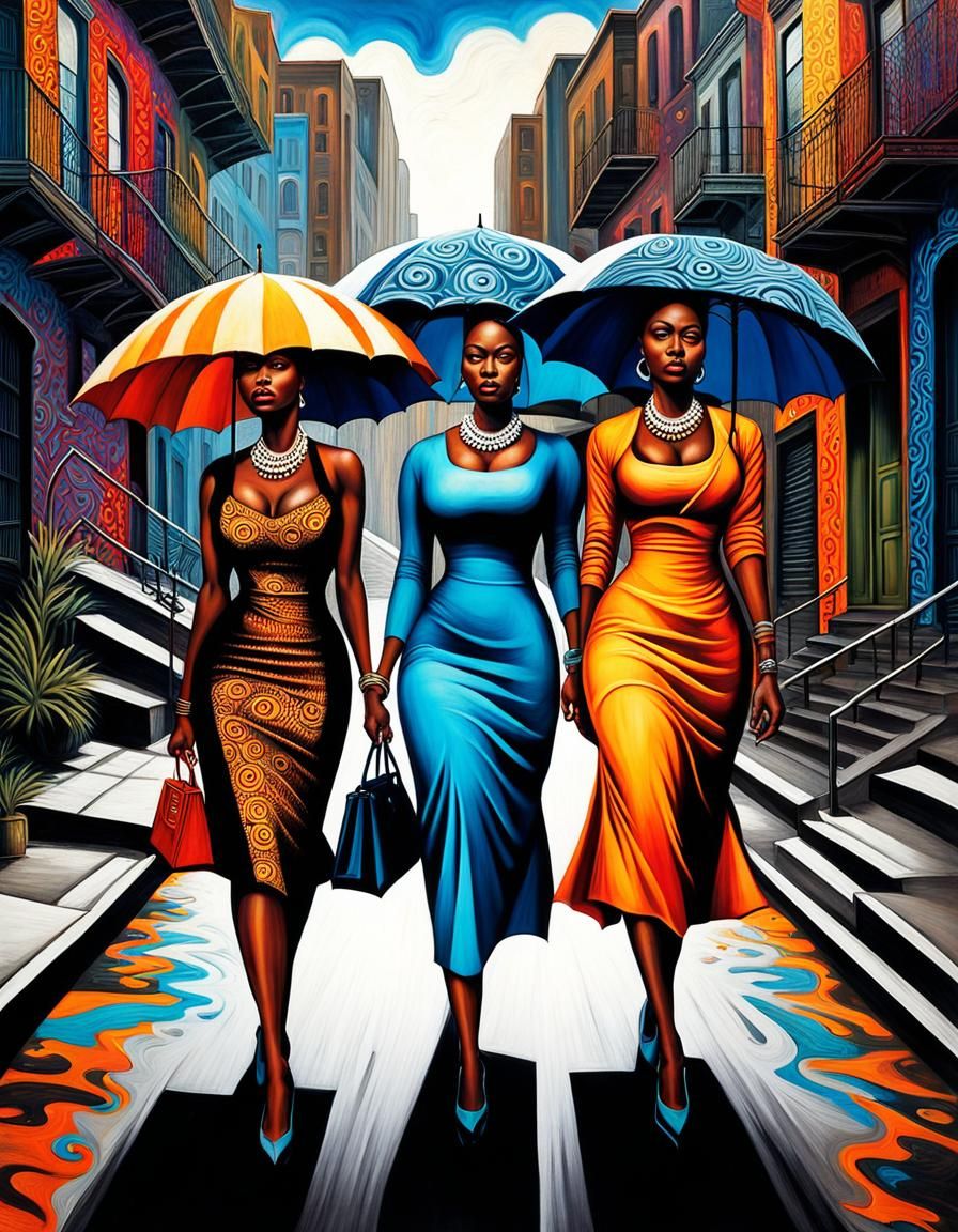 Women with Umbrellas in African-Inspired Street Art
