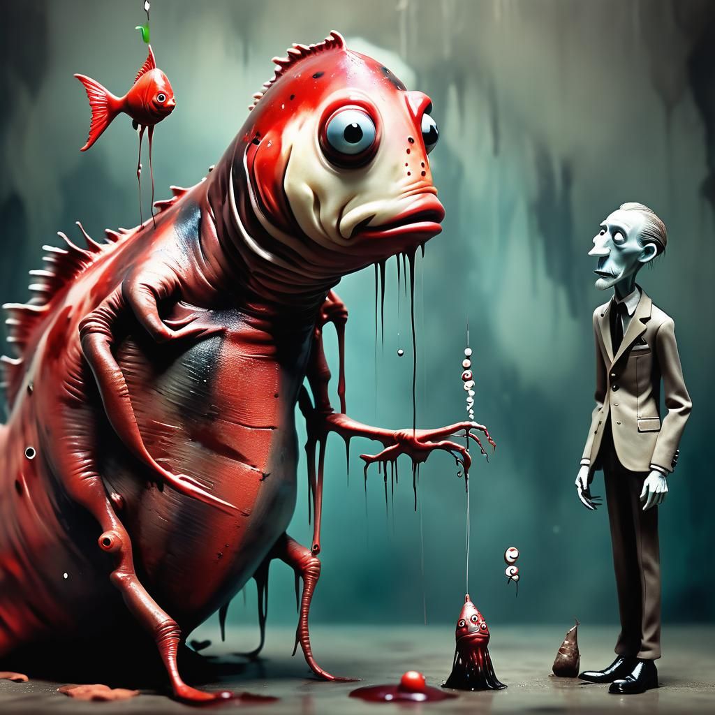 Bug-Eyed Clay Man Talking to Giant Fish