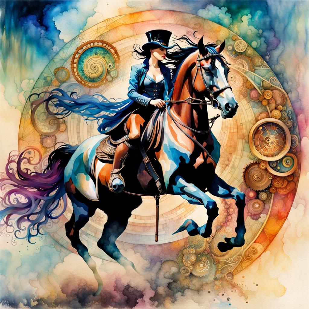 Steampunk Horserider in Watercolor Double Exposure