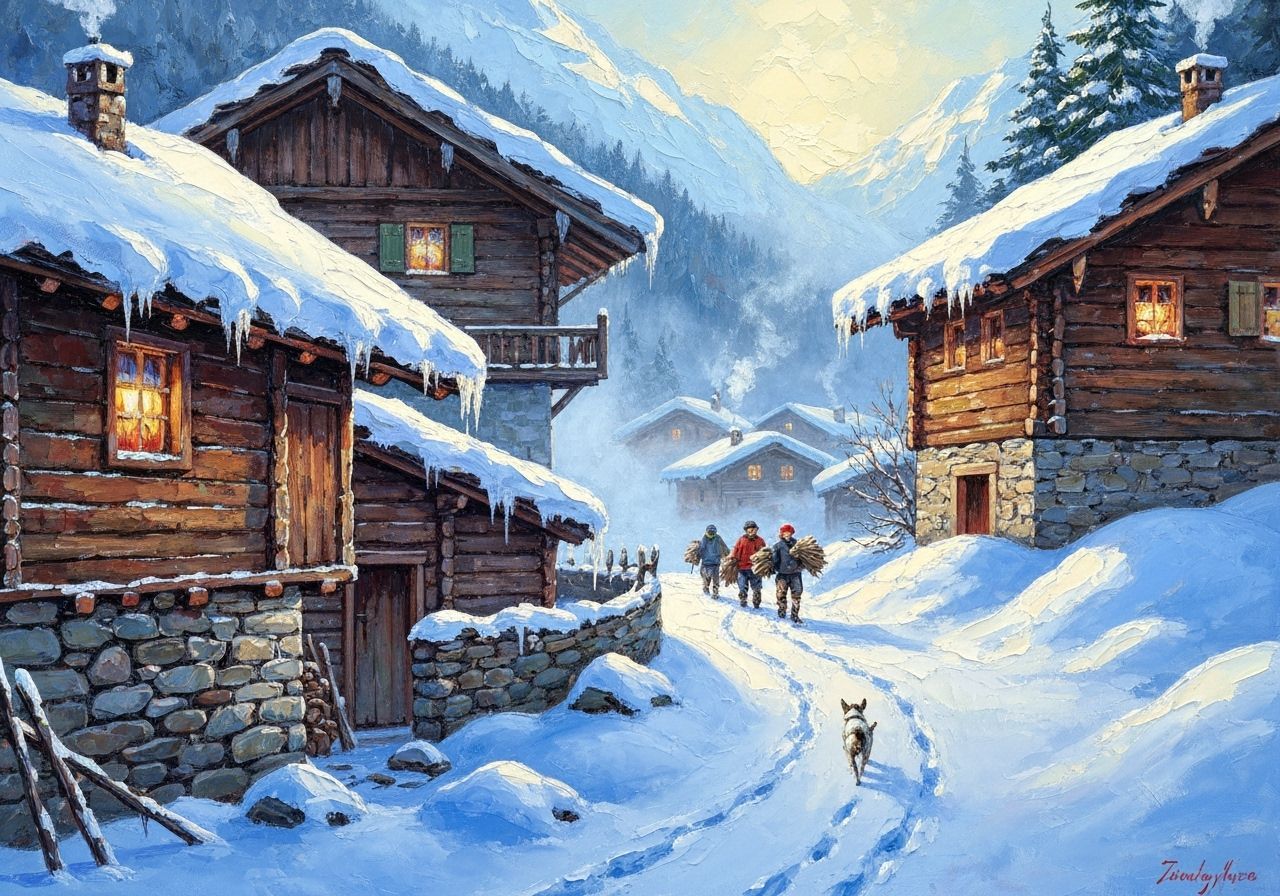 Impressionist Winter Alpine Village Painting