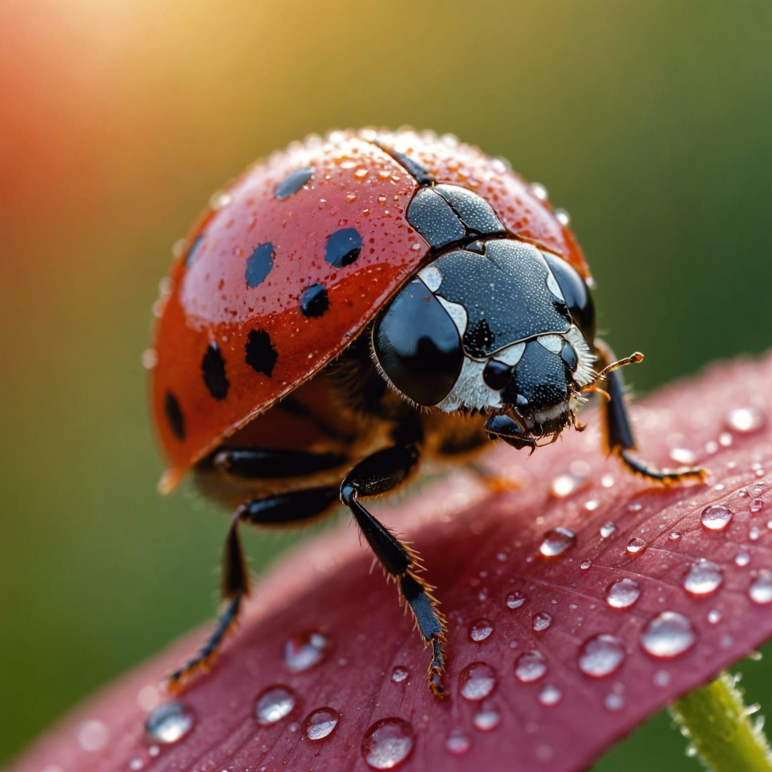 Macro photography of a tiny ladybug sitting on a flower peta...
