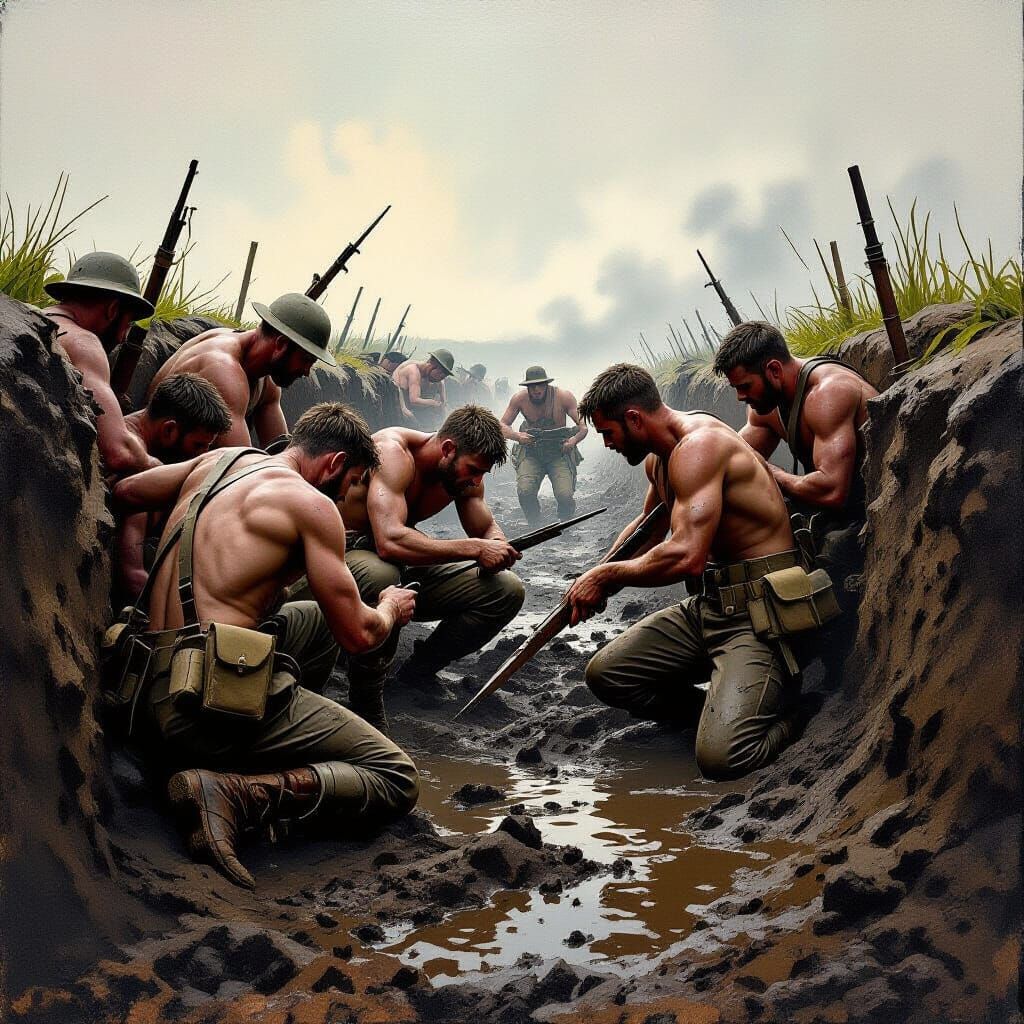 Gritty WWI Trench Warfare in Textured Oil Painting Style