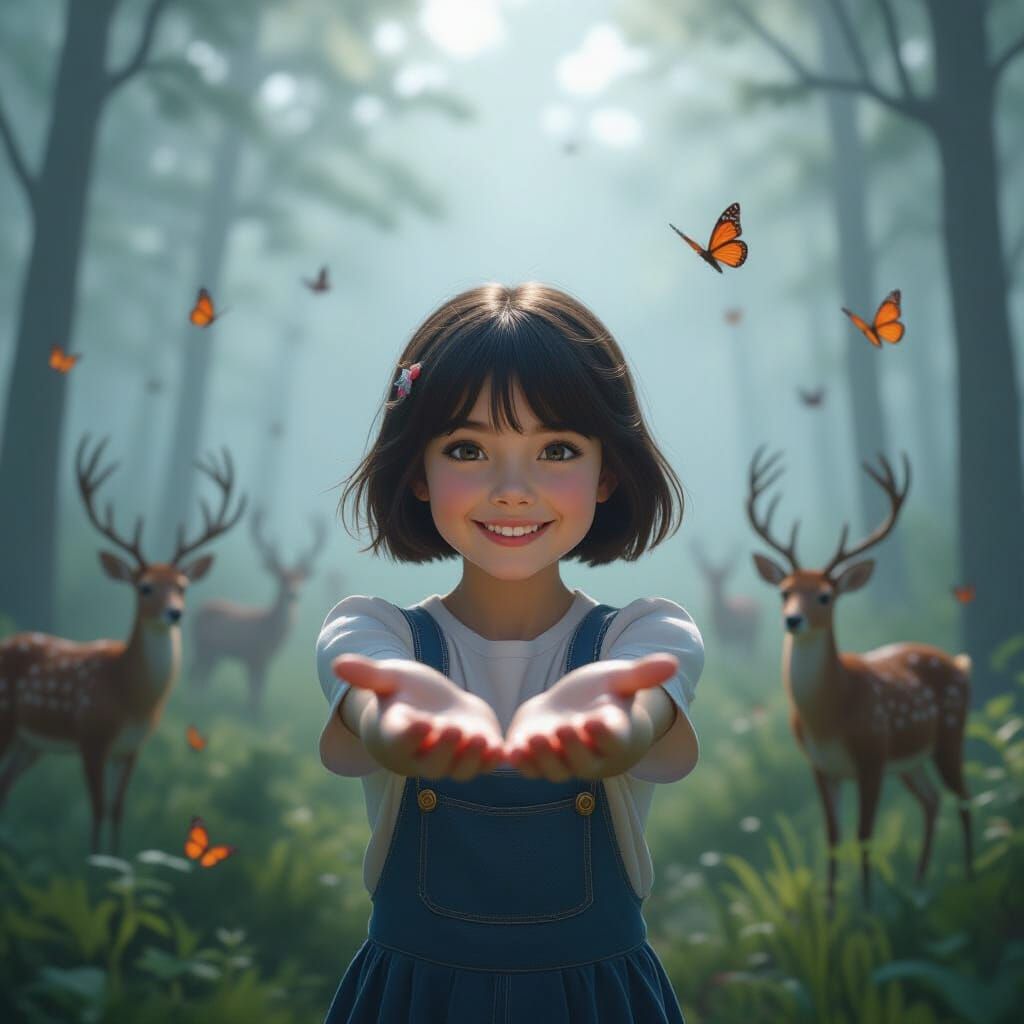 Girl Embraces Magical Forest in 3D Cartoon Style