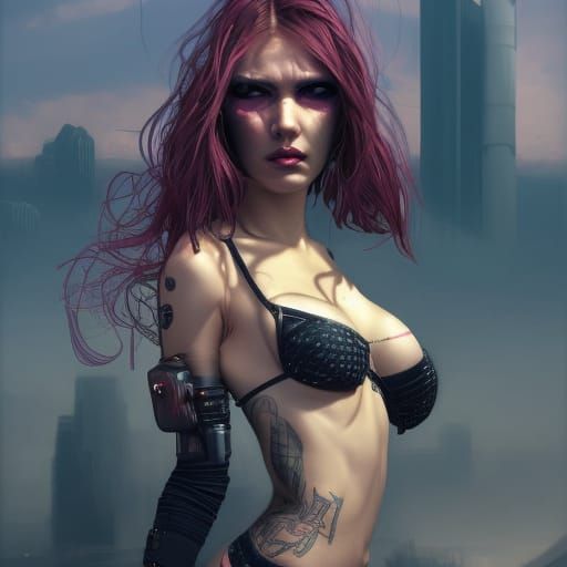Cyberpunk Punk Girl on Beach with Explosions