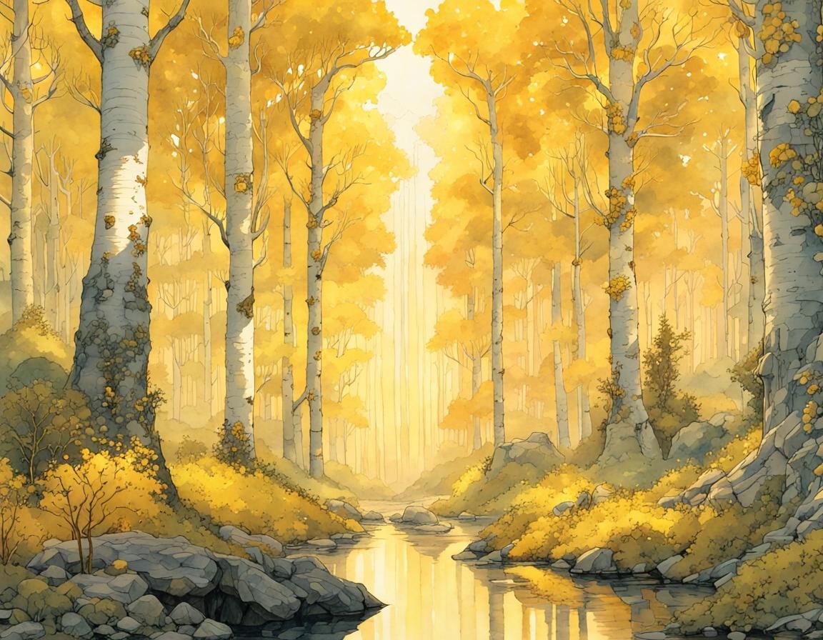 Vibrant Yellow Forest Scene in Magical Watercolor Style