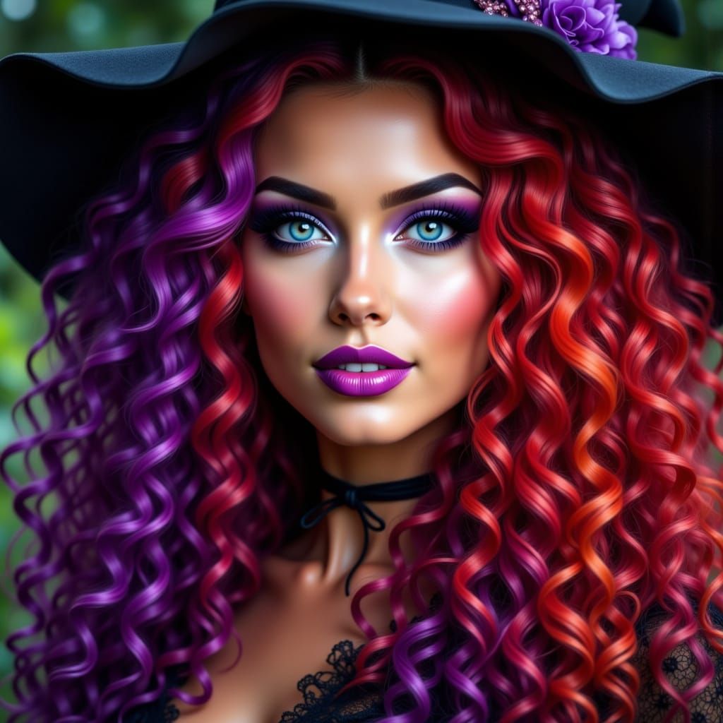 Halloween Witch with Long Curly Red and Purple Hair