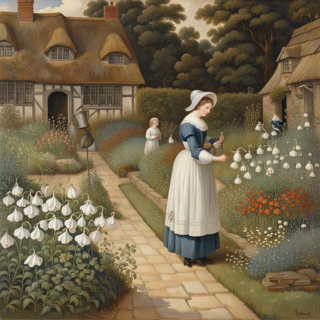 Tudor Women in Cottage Garden with Harebells