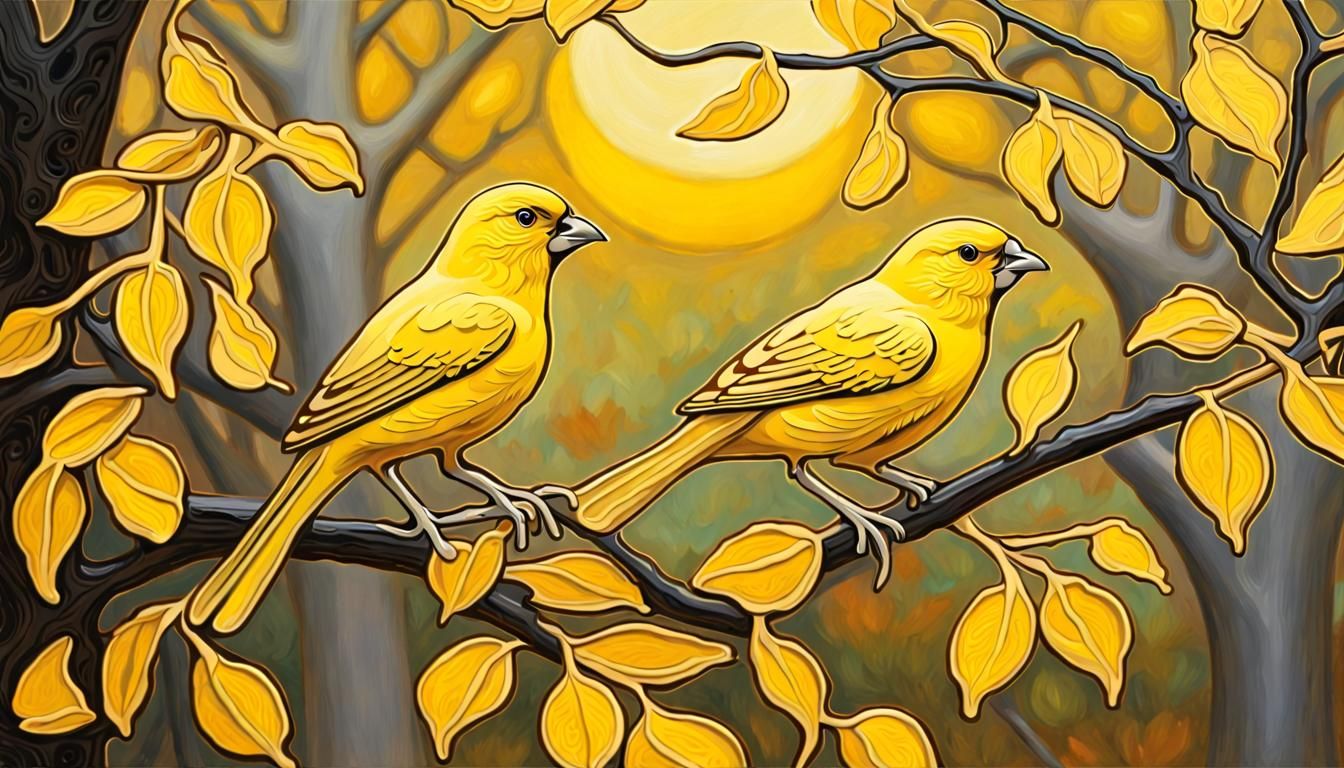 Yellow Canary in Art Nouveau Impasto Style