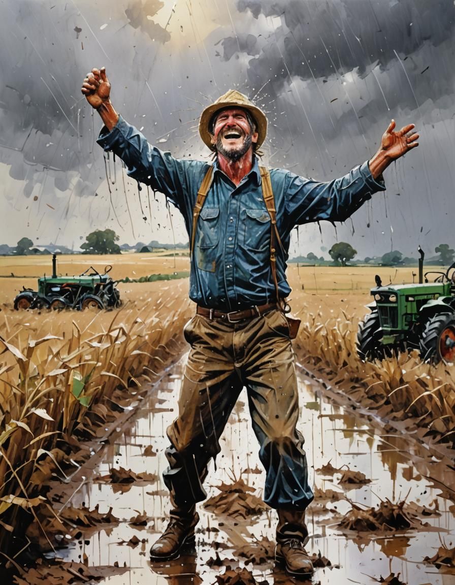 Rejoicing Farmer Dancing in Rainy Field, Impressionistic Oil...