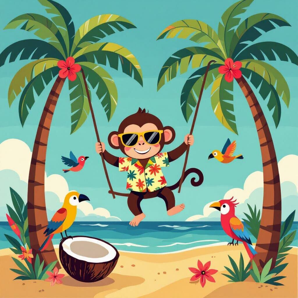 Monkey in Hawaiian Shirt Swings in Tropical Scene