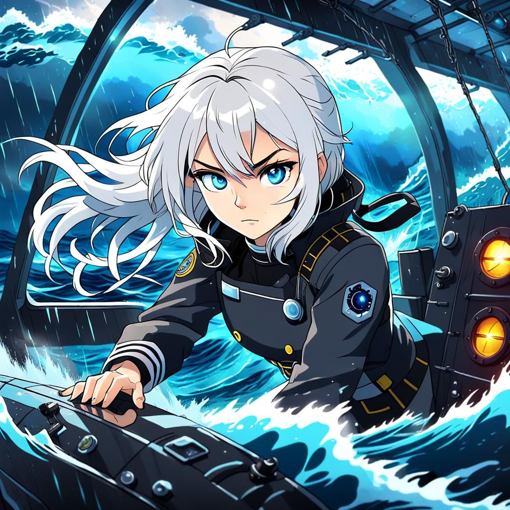 Anime Girl Captain Controls Submarine in Storm