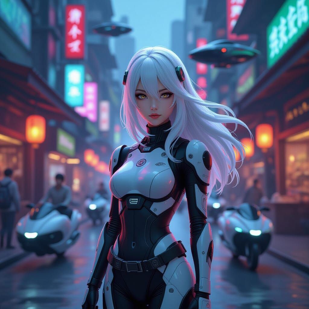 Futuristic Anime Woman in Neon Marketplace