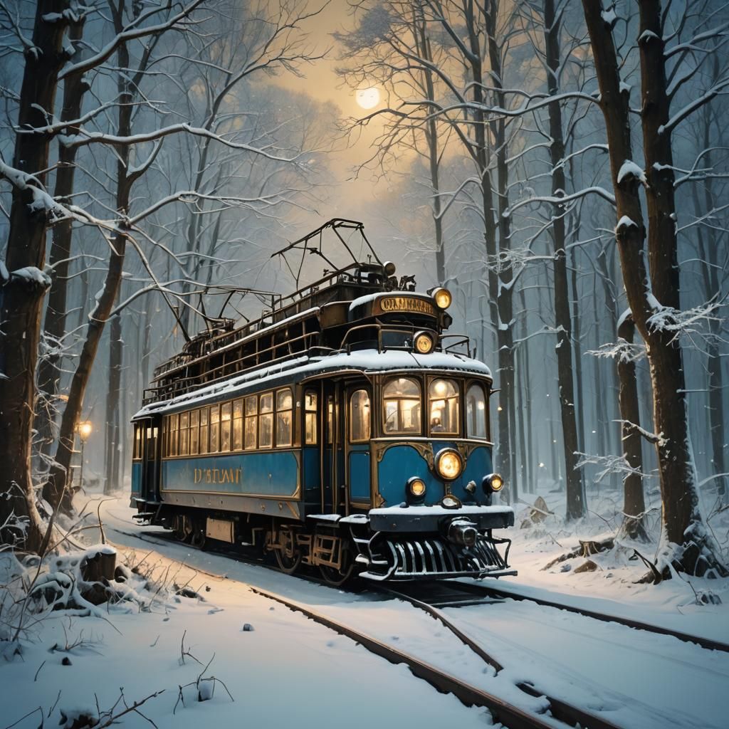 Steampunk Tram Abandoned in Snowy Forest: Industrial Art