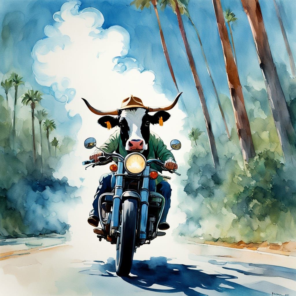 Cow Rides Motorcycle in Dreamy Watercolor Scene