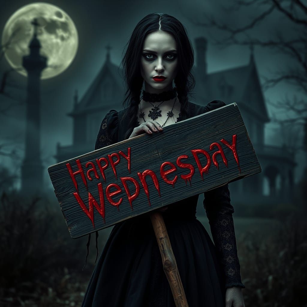 Wednesday Addams with Happy Wednesday Sign in Gothic Setting