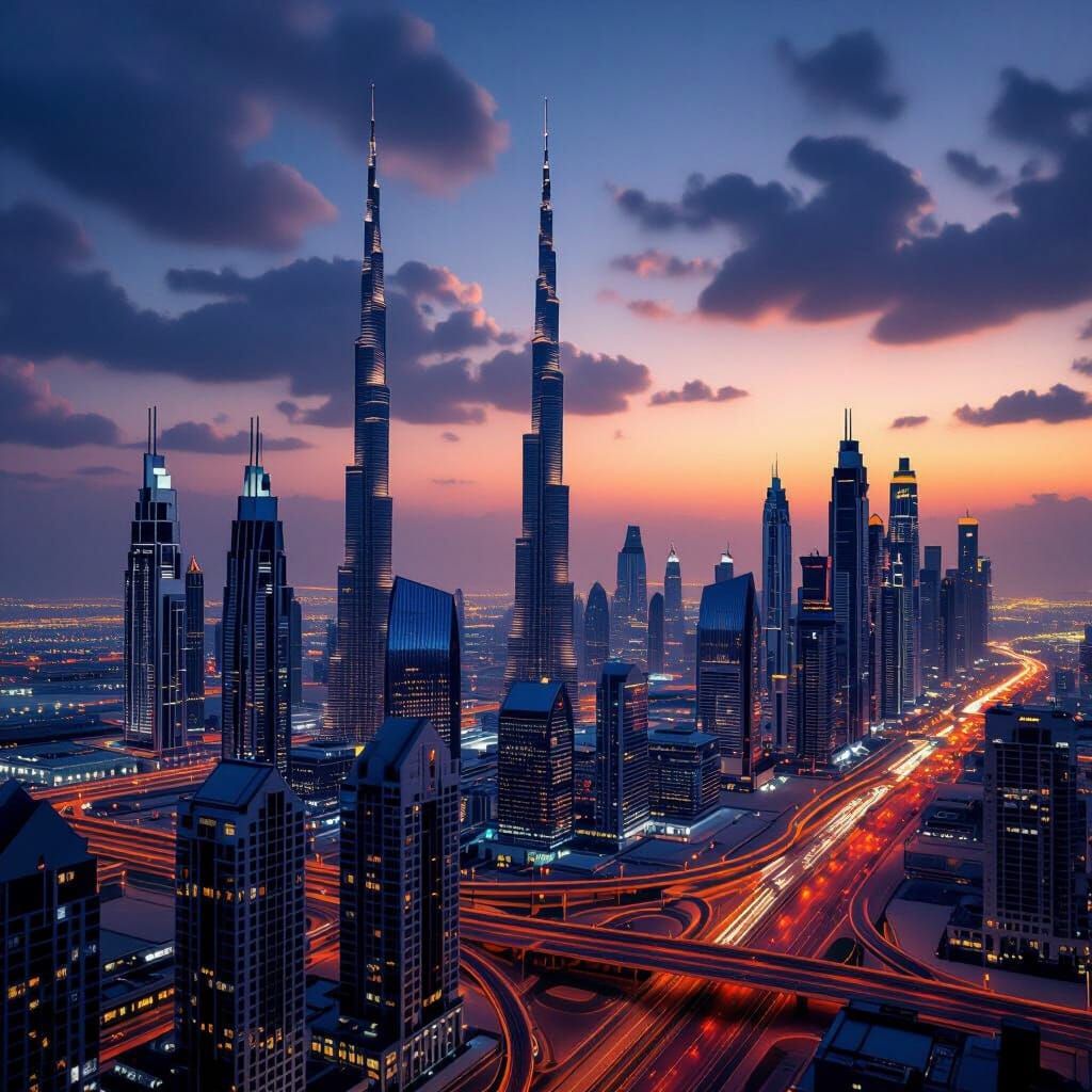 Dubai Twilight HDR Photograph: Towering Skyscrapers