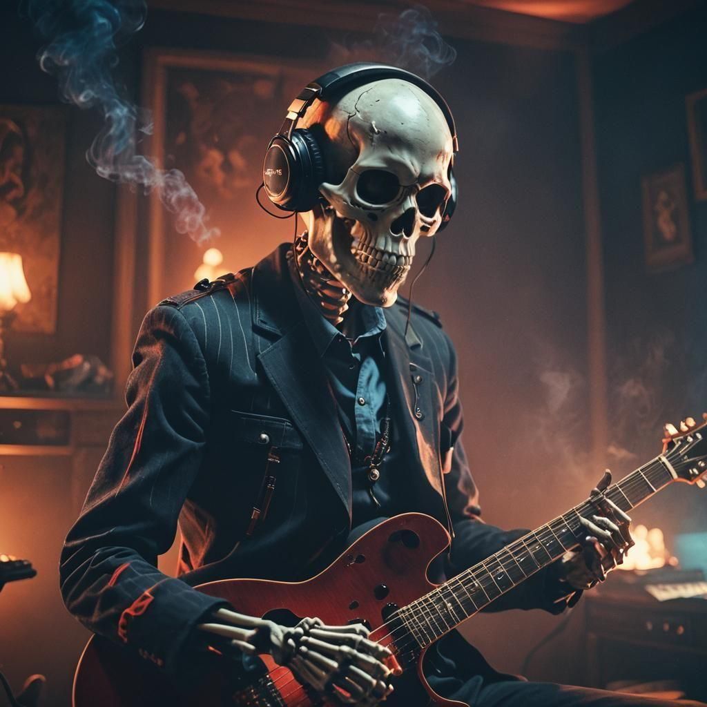 Skeleton Rocker with Guitar and Headphones