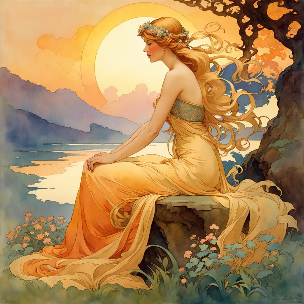 Art Nouveau Goddess in Golden Light