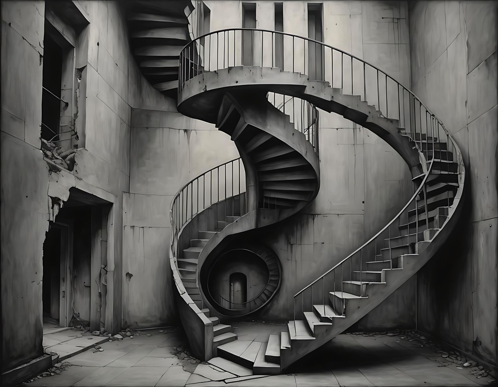 Abstract Staircase to Bottomless Darkness in Art Concrete St...