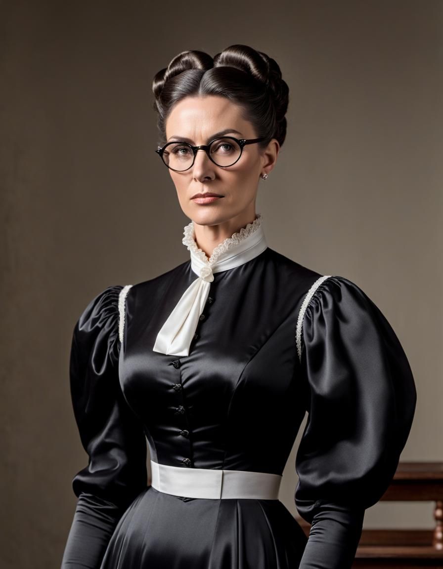 Victorian School Teacher in Shiny Satin Dress