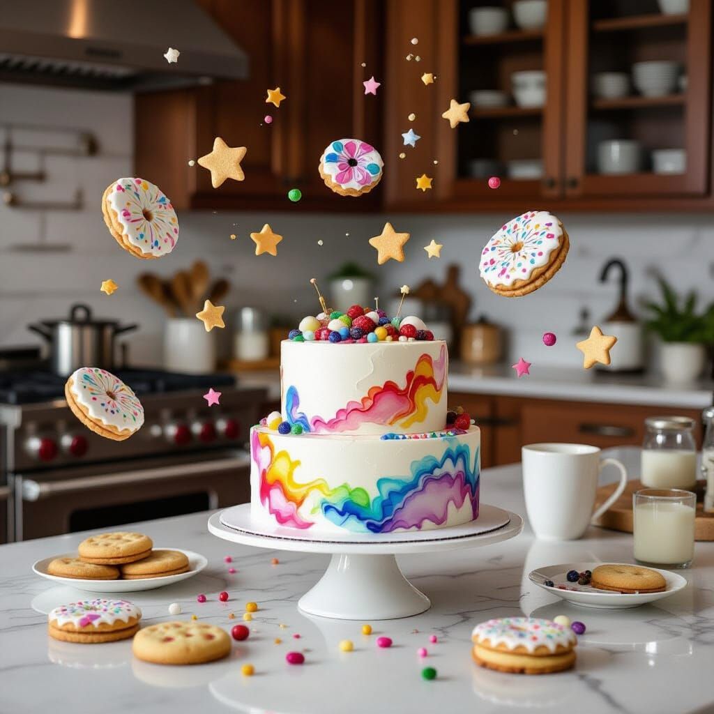 Floating Cakes and Cookies in Alcohol Ink Style