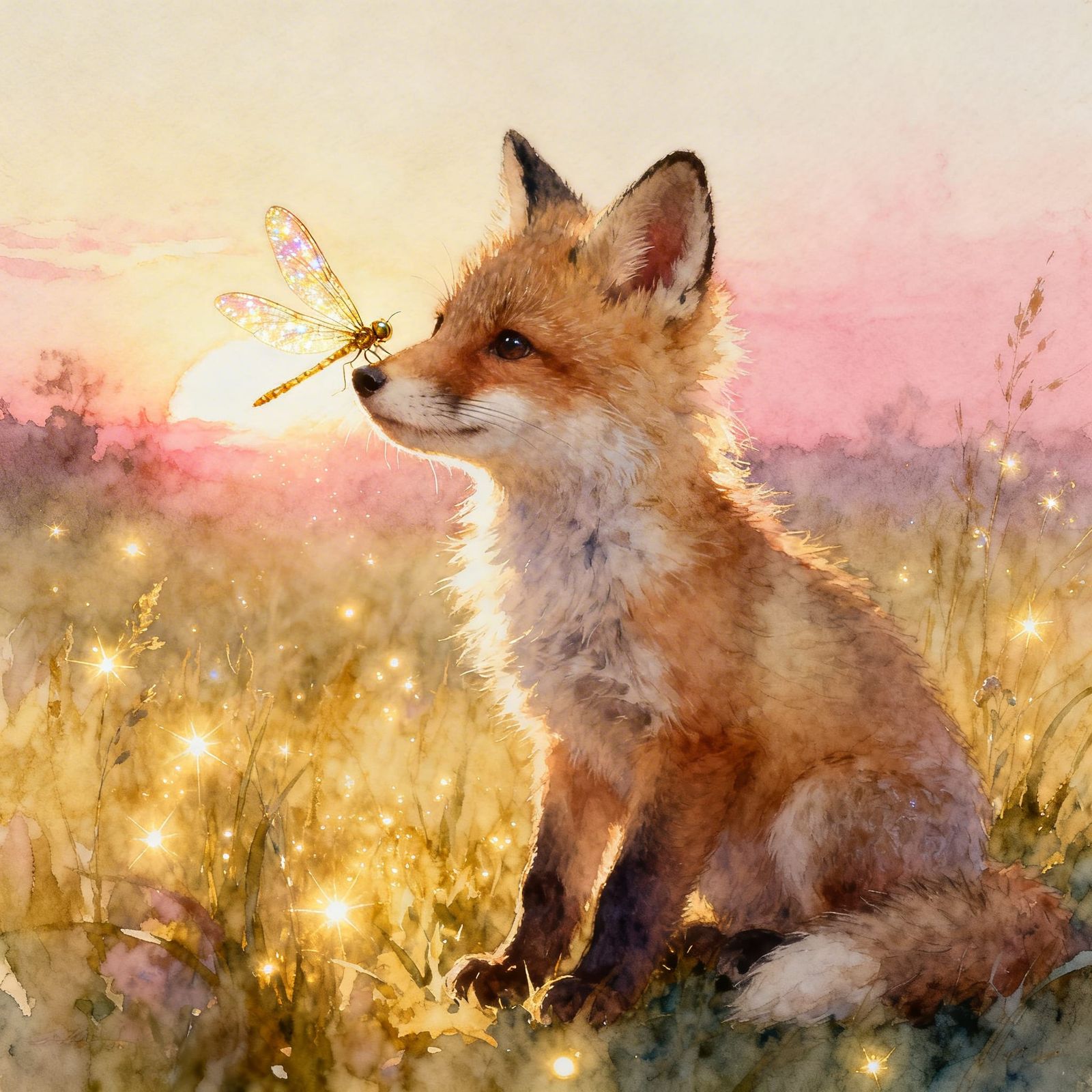 Baby Fox with Dragonfly at Sunrise in Watercolor Style