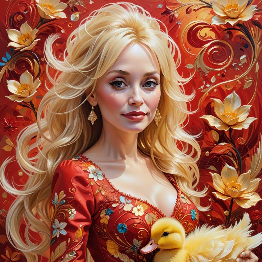 Dolly Parton and Duckling: Surreal Oil Painting