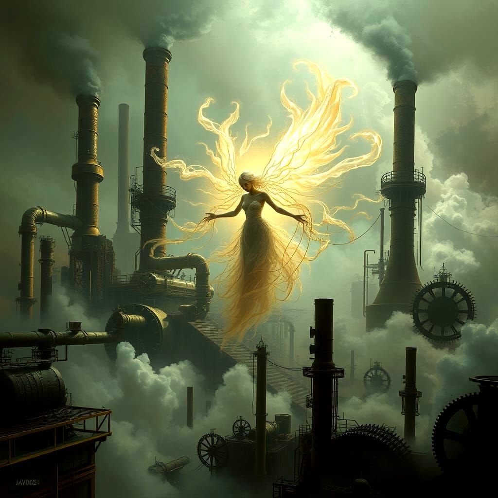 Steampunk Spirit Leading Through Industrial World