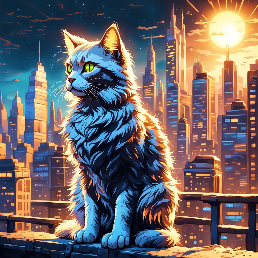 Hyperrealistic Cat in Coruscant at Golden Hour
